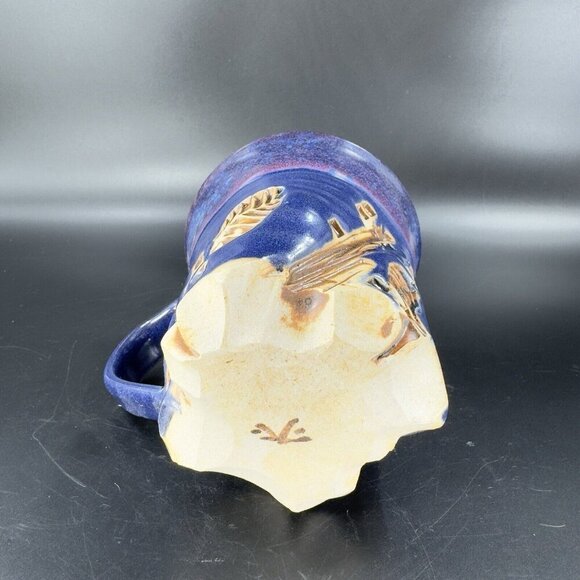 Hand Made Abstract Coffee Mug Cup Cobalt Blue Pottery Mug Artist Signed Bottom - Picture 9 of 16
